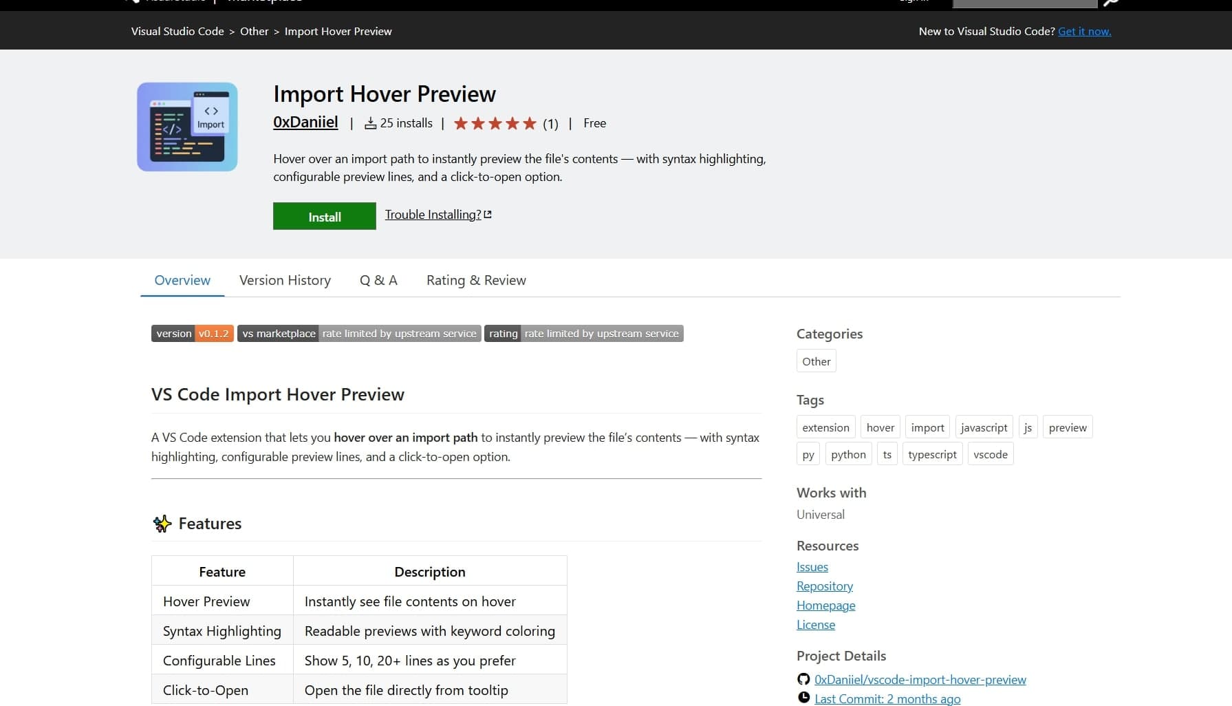 VS Code Import Hover Preview