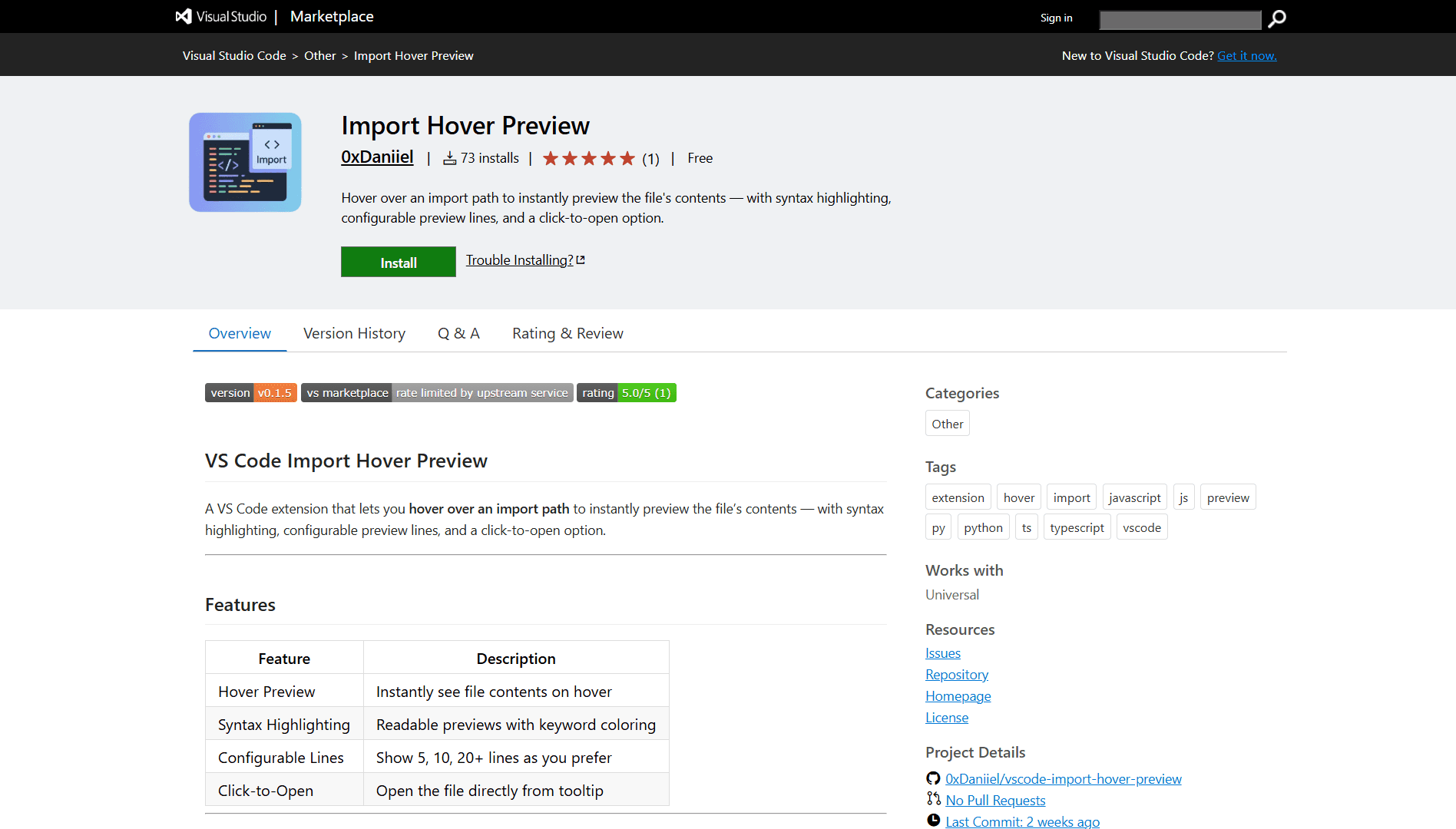 VS Code Import Hover Preview